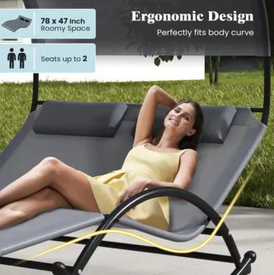 Hivvago Outdoor Dual Rocker Sunbed 2-Person Canopied Patio Lounger with Detachable Headrests