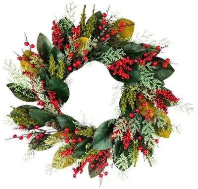 24" Un-Lit Mixed Leaves & Berries Green Wreath