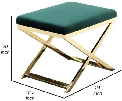 Sovi 24 Inch Accent Stool Ottoman Bench, Plush Green Velvet, Gold X Base - Benzara