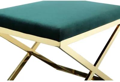 Sovi 24 Inch Accent Stool Ottoman Bench, Plush Green Velvet, Gold X Base - Benzara