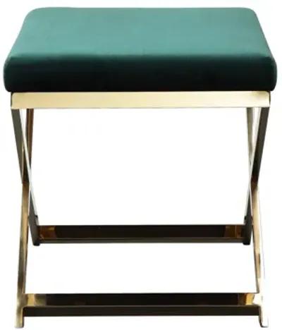 Sovi 24 Inch Accent Stool Ottoman Bench, Plush Green Velvet, Gold X Base - Benzara