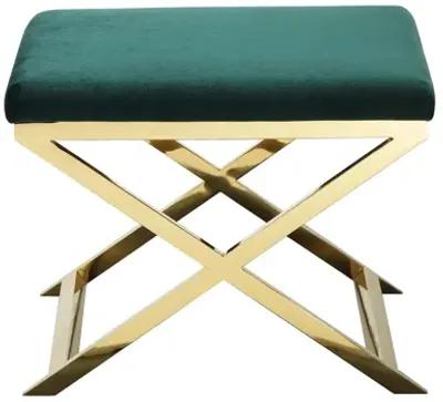 Sovi 24 Inch Accent Stool Ottoman Bench, Plush Green Velvet, Gold X Base - Benzara