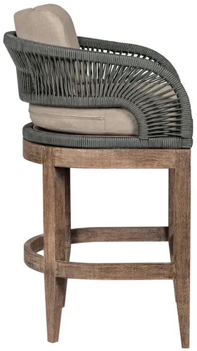 Kimi 30 Inch Outdoor Patio Barstool Chair, Olefin and Gray Woven Rope - Benzara