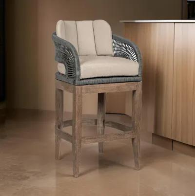 Kimi 30 Inch Outdoor Patio Barstool Chair, Olefin and Gray Woven Rope - Benzara