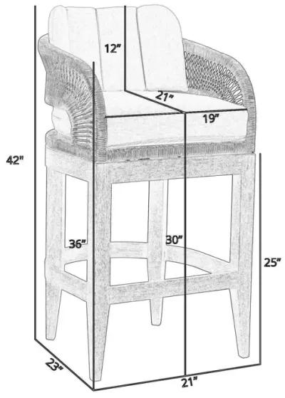 Kimi 30 Inch Outdoor Patio Barstool Chair, Olefin and Gray Woven Rope - Benzara