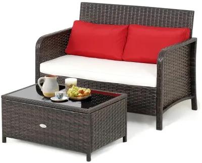 2 Pieces Wicker Loveseat Set with Coffee Table