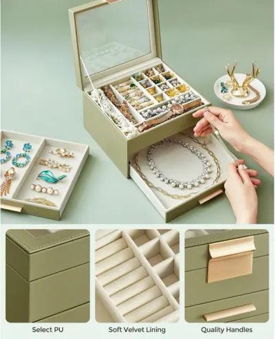 3-Layer Jewelry Box with Glass Lid and 2 Drawers - Perfect Gift for Loved Ones