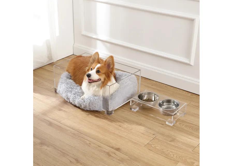 Billie Small Modern Lucite Calming Fluffy Pet Bed with Washable Cushion and 4" Elevated Pet Feeder with 27 oz 2-Stainless Steel Bowls (Set of 2)