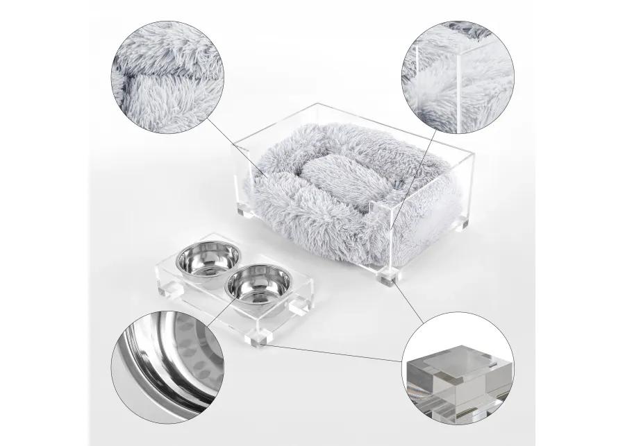 Billie Small Modern Lucite Calming Fluffy Pet Bed with Washable Cushion and 4" Elevated Pet Feeder with 27 oz 2-Stainless Steel Bowls (Set of 2)