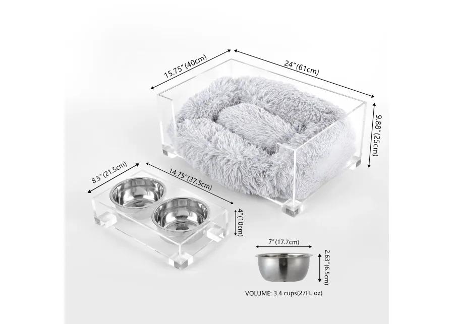 Billie Small Modern Lucite Calming Fluffy Pet Bed with Washable Cushion and 4" Elevated Pet Feeder with 27 oz 2-Stainless Steel Bowls (Set of 2)