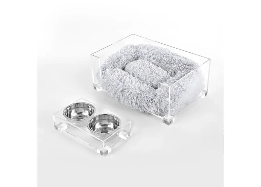 Billie Small Modern Lucite Calming Fluffy Pet Bed with Washable Cushion and 4" Elevated Pet Feeder with 27 oz 2-Stainless Steel Bowls (Set of 2)