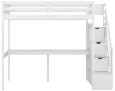 Twin Size Loft Bed With Storage Staircase And Built-In Desk