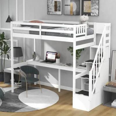 Twin Size Loft Bed With Storage Staircase And Built-In Desk