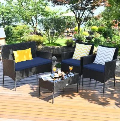 4 Pieces Patio Rattan Cushioned Sofa Set with Tempered Glass Coffee Table