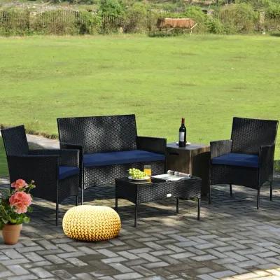 4 Pieces Patio Rattan Cushioned Sofa Set with Tempered Glass Coffee Table