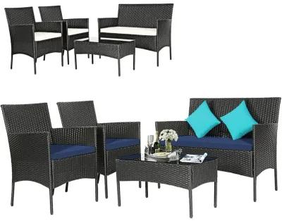 4 Pieces Patio Rattan Cushioned Sofa Set with Tempered Glass Coffee Table