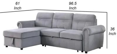 Irma 97 Inch 2 Piece Sectional Sofa, Pull Out Bed, Rolled Arm, Gray Velvet-Benzara