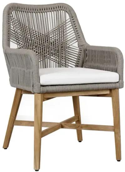 Navi 25 Inch Outdoor Dining Chair, Woven Rope, Ash Gray, Brown Teak Wood - Benzara