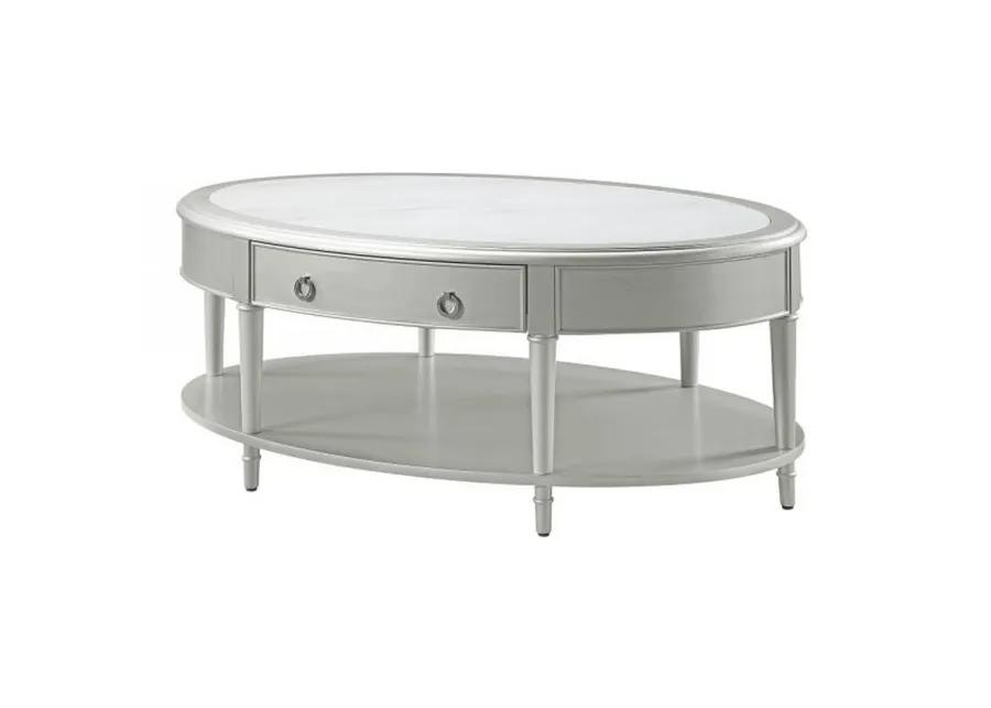 Kyna 50 Inch Coffee Table, Sintered Top, 1 Drawer, Classic Oval, Silver - Benzara