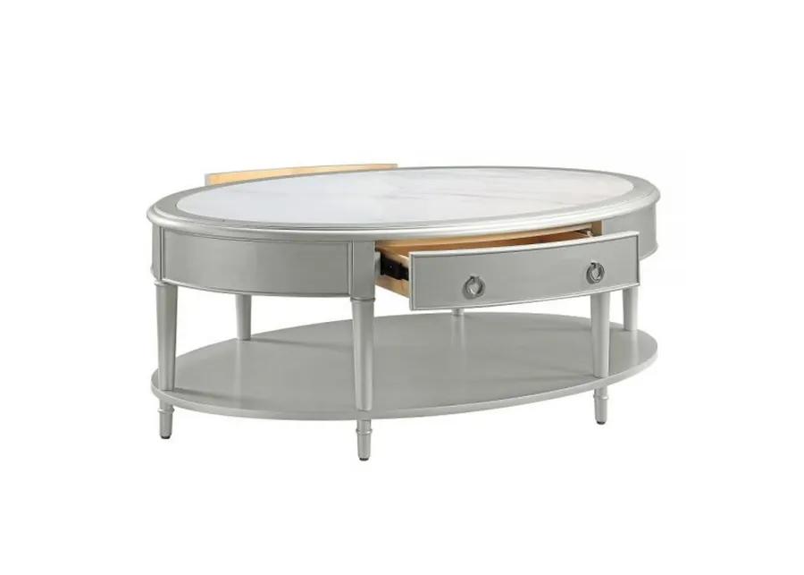 Kyna 50 Inch Coffee Table, Sintered Top, 1 Drawer, Classic Oval, Silver - Benzara