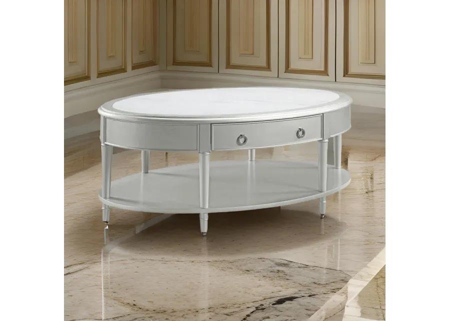 Kyna 50 Inch Coffee Table, Sintered Top, 1 Drawer, Classic Oval, Silver - Benzara