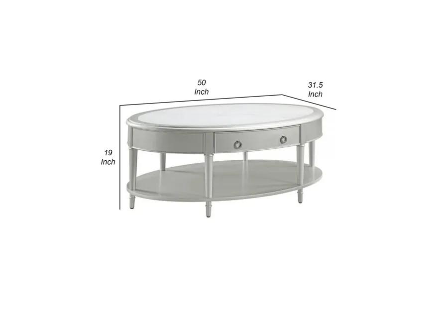 Kyna 50 Inch Coffee Table, Sintered Top, 1 Drawer, Classic Oval, Silver - Benzara