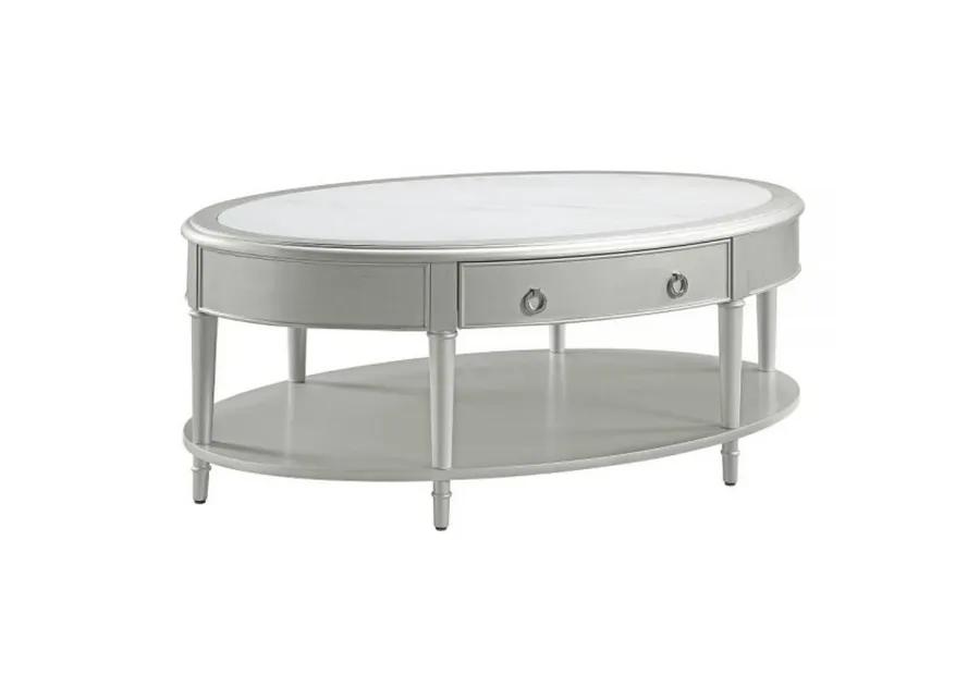 Kyna 50 Inch Coffee Table, Sintered Top, 1 Drawer, Classic Oval, Silver - Benzara