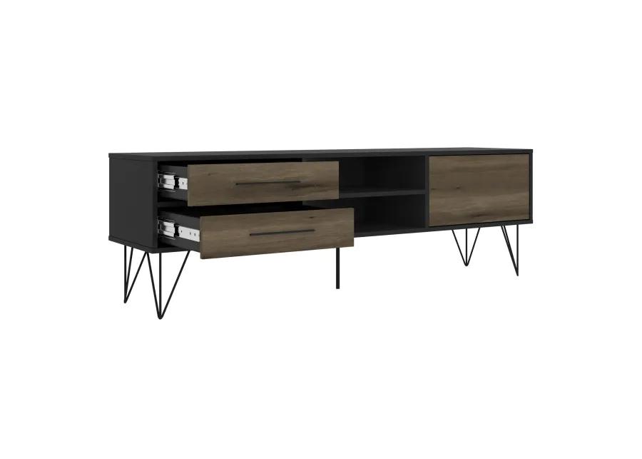 60 Inch Wood and Metal 1 Door TV Entertainment Stand with 2 Drawers, Brown and Black-Benzara