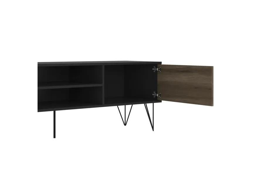 60 Inch Wood and Metal 1 Door TV Entertainment Stand with 2 Drawers, Brown and Black-Benzara