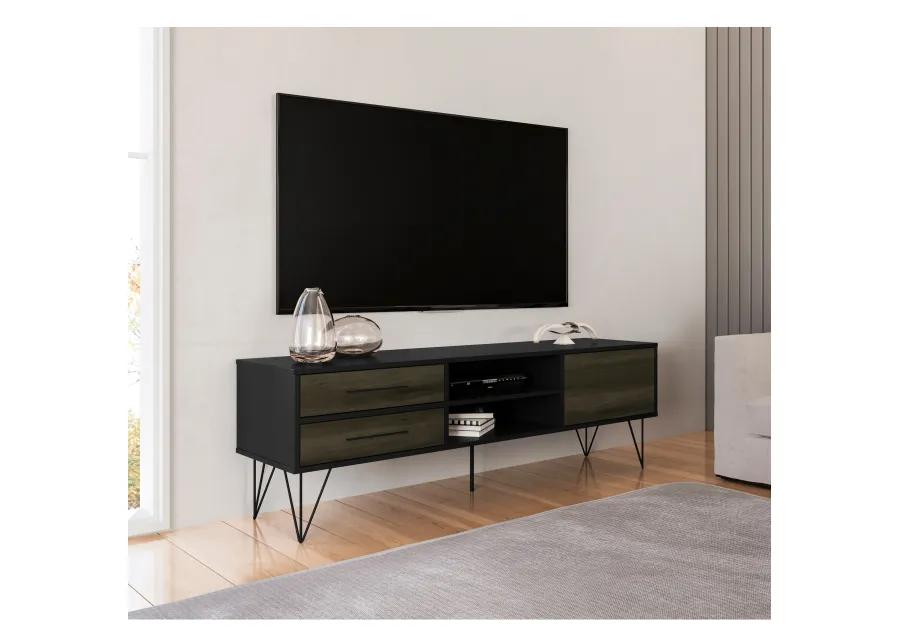 60 Inch Wood and Metal 1 Door TV Entertainment Stand with 2 Drawers, Brown and Black-Benzara