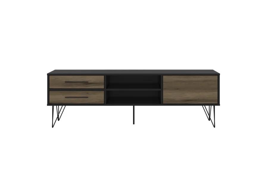 60 Inch Wood and Metal 1 Door TV Entertainment Stand with 2 Drawers, Brown and Black-Benzara