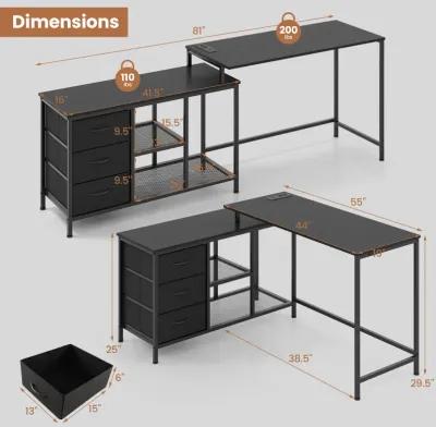 L-shaped Computer Desk with Power Outlet for Working Studying Gaming