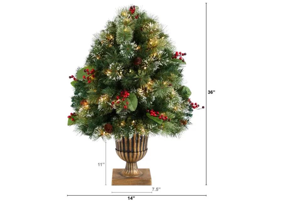 HomPlanti 3 Feet Holiday Pre-Lit Snow Tip Greenery, Berries and Pinecones Artificial Christmas Plant in Urn with 100 LED Lights, Indoor Outdoor Patio Porch Decor