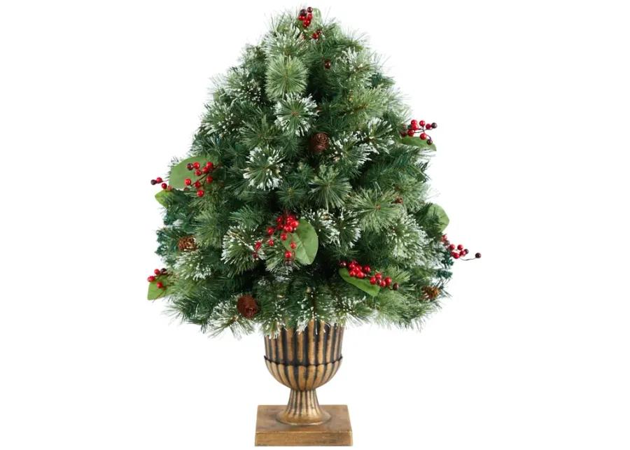 HomPlanti 3 Feet Holiday Pre-Lit Snow Tip Greenery, Berries and Pinecones Artificial Christmas Plant in Urn with 100 LED Lights, Indoor Outdoor Patio Porch Decor