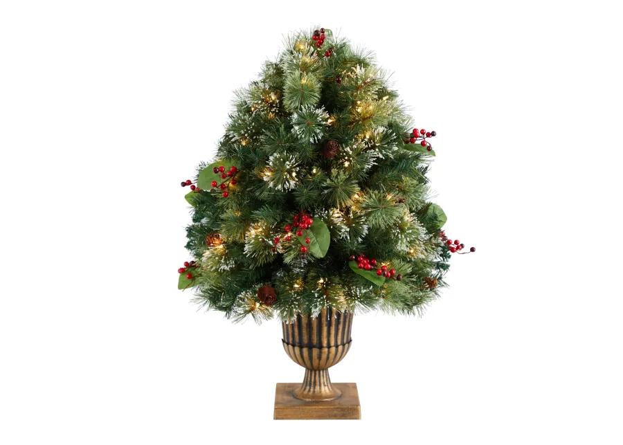 HomPlanti 3 Feet Holiday Pre-Lit Snow Tip Greenery, Berries and Pinecones Artificial Christmas Plant in Urn with 100 LED Lights, Indoor Outdoor Patio Porch Decor