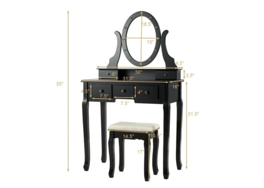 5 Drawers Vanity Table Stool Set with 12-LED Bulbs-Black