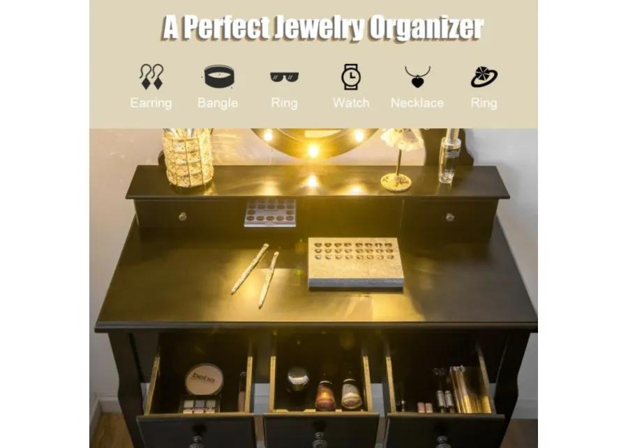 5 Drawers Vanity Table Stool Set with 12-LED Bulbs-Black