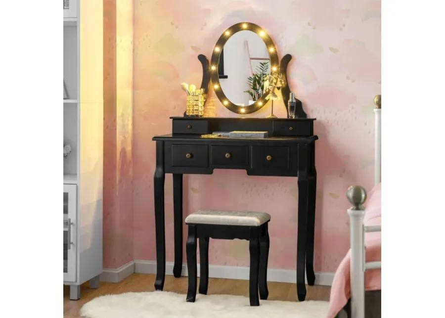 5 Drawers Vanity Table Stool Set with 12-LED Bulbs-Black