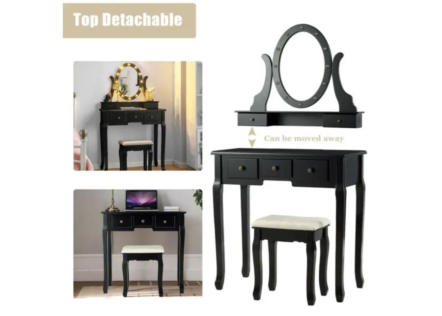 5 Drawers Vanity Table Stool Set with 12-LED Bulbs-Black