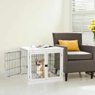 White Pet Furniture: 26" Wooden Dog Crate End Table with Doors