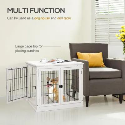 White Pet Furniture: 26" Wooden Dog Crate End Table with Doors