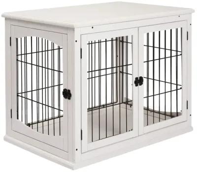 White Pet Furniture: 26" Wooden Dog Crate End Table with Doors