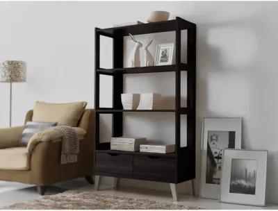 Dark Brown Wood Leaning Bookcase with Display Shelves and Two Drawers