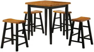 Gael Counter Height Square Dining Table Set, 4 Stools, Wood, Oak, Black-Benzara