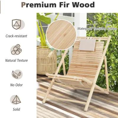 Solid Fir Wood Lounge Chair with 3-Level Adjustable Backrest and Soft Padded Headrest-Natural