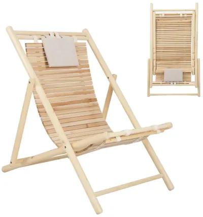 Solid Fir Wood Lounge Chair with 3-Level Adjustable Backrest and Soft Padded Headrest-Natural