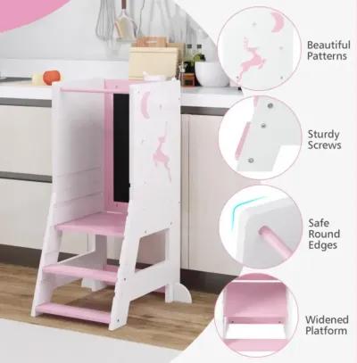 Hivvago Toddler Kitchen Stool Helper Baby Standing Tower with Chalkboard and Whiteboard