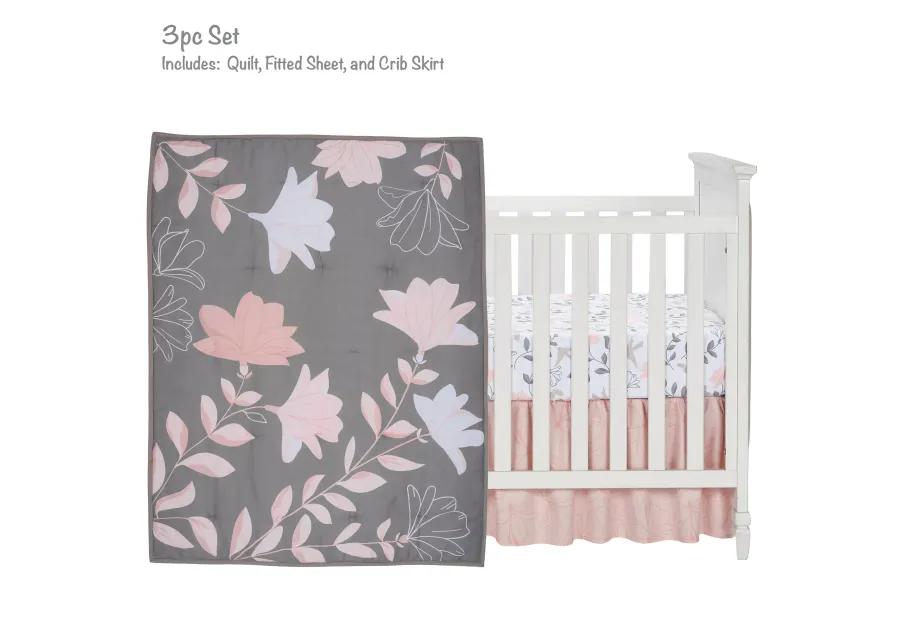 Lambs & Ivy Petals Gray/Pink Sateen Cotton Floral 3-Piece Baby Crib Bedding Set