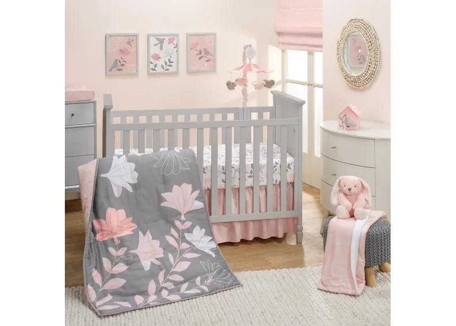 Lambs & Ivy Petals Gray/Pink Sateen Cotton Floral 3-Piece Baby Crib Bedding Set