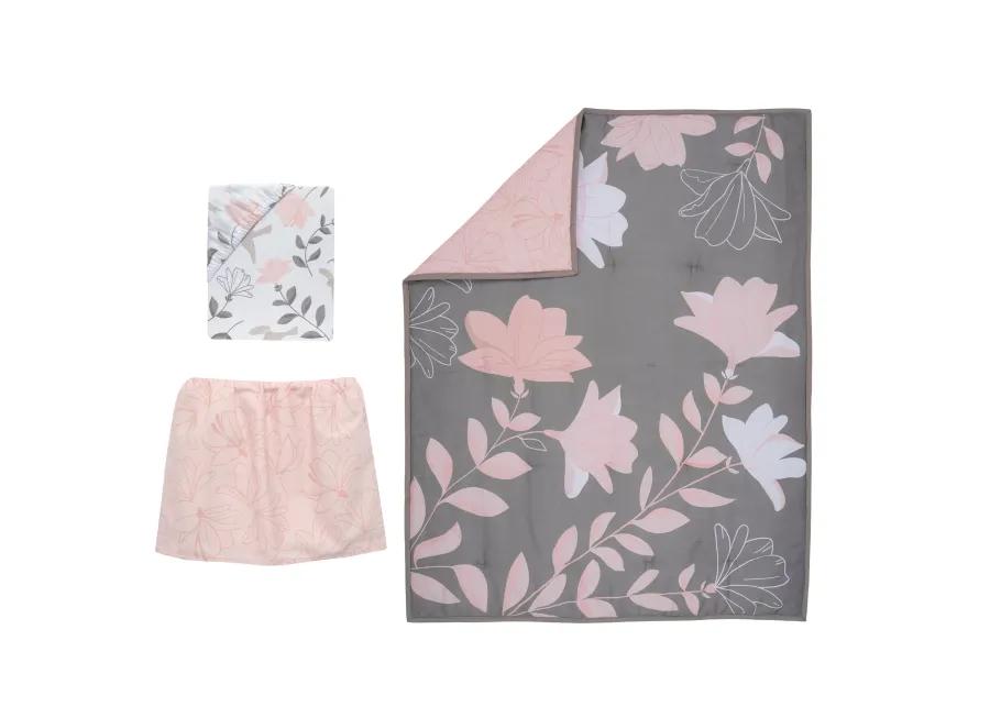 Lambs & Ivy Petals Gray/Pink Sateen Cotton Floral 3-Piece Baby Crib Bedding Set